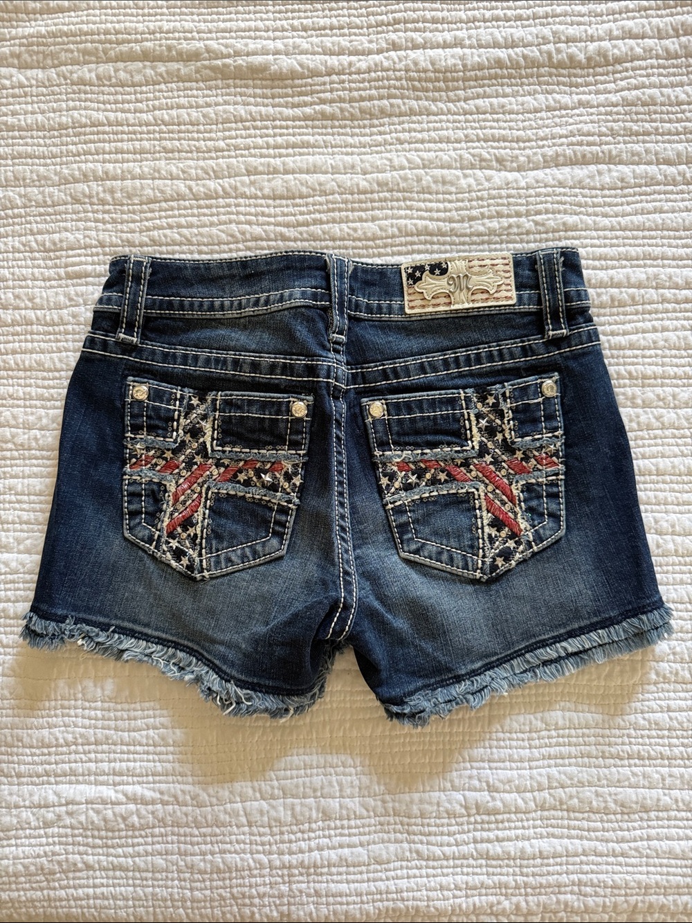 Miss Me Dark Blue Denim Embroidered Pocket Shorts